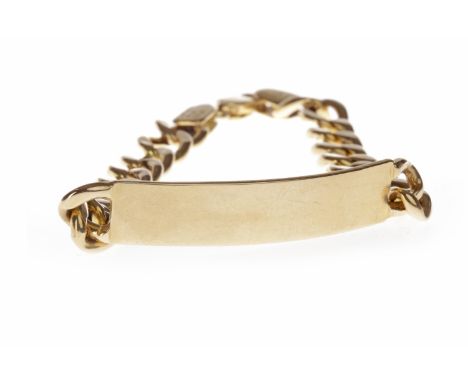 NINE CARAT GOLD IDENTITY BRACELETformed by flat curb links, with a blank rectangular panel, 16.1g