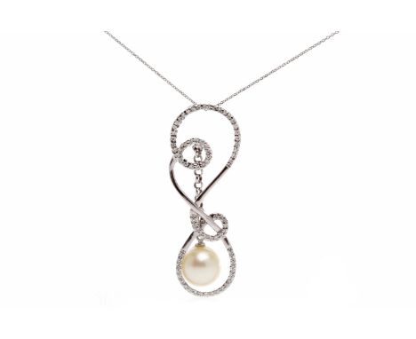 EIGHTEEN CARAT WHITE GOLD PEARL AND DIAMOND NECKLACEopen and formed by looping diamond set sections, with a single spherical 