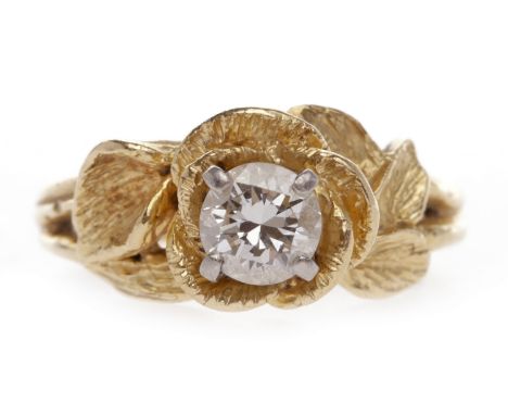 FOURTEEN CARAT GOLD DIAMOND SOLITAIRE RINGset with a round brilliant cut diamond of approximately 0.45 carats to a rose motif