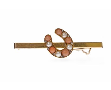 LATE VICTORIAN CORAL, PEARL AND DIAMOND MOTIF BROOCHformed by a bar 63mm long set with a central horseshoe motif with round c