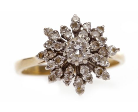 EIGHTEEN CARAT GOLD DIAMOND SNOWFLAKE RINGset with a round brilliant cut diamond of approximately 0.23 carats and with smalle