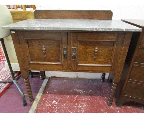 Marble top oak washstand on bobbin turned legs