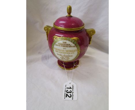 Scarce Royal Worcester Armistice Day presentation powdered crimson and gilded urn and cover presented to Thomas Sedgley - Dra