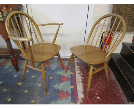 2 blonde elm stick-back Ercol chairs to include 1 carver#MCM