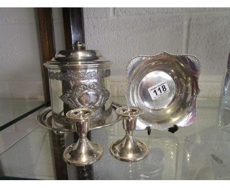 Plated tea caddy by Walker &amp; Hall, candlesticks &amp; pin tray