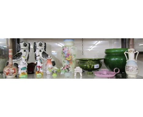 Shelf of collectables to include Staffordshire dogs and glass vase