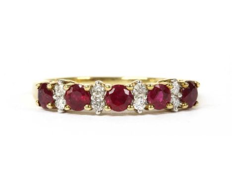 A gold ruby and diamond half eternity ring, a row of circular mixed cut rubies with pairs of brilliant cut diamonds between, 