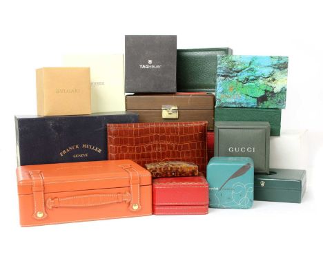 A quantity of watch boxes, to include examples by Franck Muller, Cartier, Rolex, Omega, Longines, Bulgari, Gucci, etc., some 