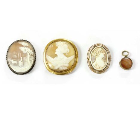 A quantity of cameo brooches, to include a shell cameo carved with a portrait, with gold mount tested as approximately 9ct go