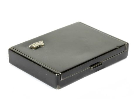 A French silver diamond set black enamel compact, rectangular black enamelled case with applied white coronet motif set with 