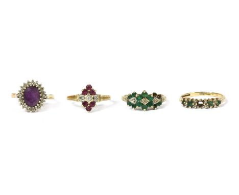 Four gold rings, to include a 9ct gold amethyst and diamond cluster ring, Edinburgh, a 9ct gold ruby and diamond ring, Birmin
