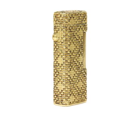 A gold Dunhill lighter, of lattice design with white gold wire, marked Dunhill to the inside of the cover, base marked 750, 6
