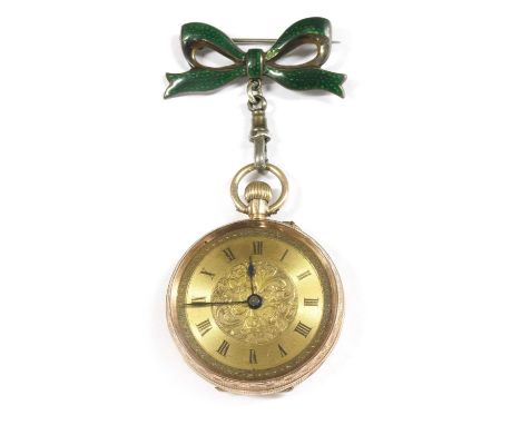 A 9ct gold pin set open-faced fob watch, 33mm diameter, with a gilt dial with engraved floral bouquet to the centre, black Ro