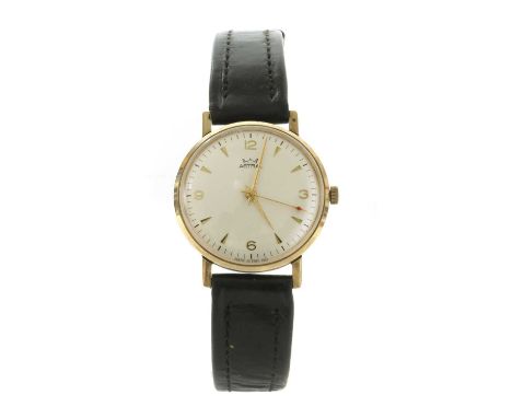 A gentlemen's gold Smiths Astral mechanical strap watch, c.1970, 34mm diameter, with a silvered dial, marked 'Astral, Made in