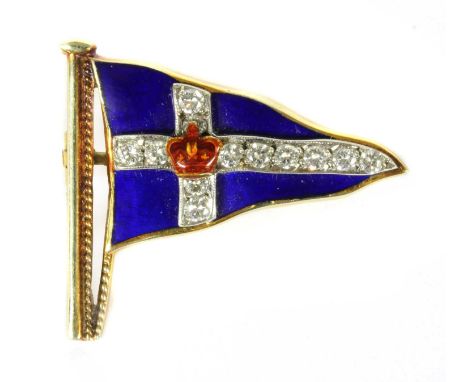 A 9ct gold diamond and enamel Royal Thames Yacht Club brooch by Garrard &amp; Co., in the form of the club's burgee, with bri
