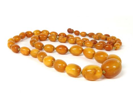 A single row graduated olive-shaped butterscotch amber bead necklace, fifty-three beads, approximately 29 x 23mm to 10 x 8mm 