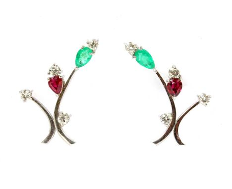 A pair of white gold emerald, ruby and diamond spray earrings, two polished wire sprays, one terminating with a pear mixed cu