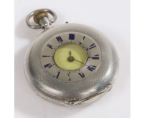 Victorian silver half hunter pocket watch, the case London 1883, the engine turned case front with central circular viewing a