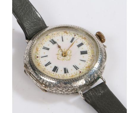 Ladies continental silver wristwatch, the white enamel dial with Roman numerals surrounded by a gilt foliate and scroll borde