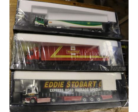 3 Corgi articulated trucks. 2x Leyland DAF tractor units. One with a box trailer, 'Royal Mail' red livery. (75502). Plus a cu