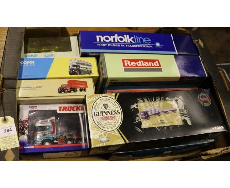 9 Corgi. Scania Fridge Trailer, 'Norfolkline'. An ERF EC Powder Tanker 'Redland'. A Leyland LAD Octopus Platform Lorry with s