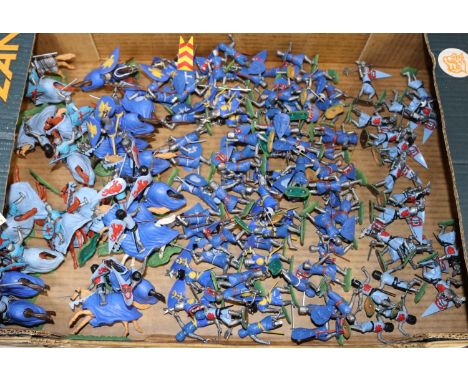 100 plus Timpo plastic knights. 22 mounted, horses with light blue  coats, knights with mid blue uniforms and silver chain ma