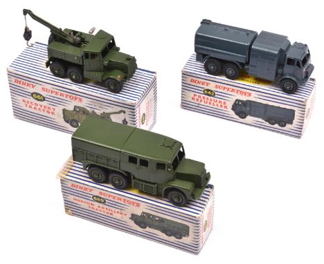 3 Dinky Toys. Pressure Refueller (642). In RAF blue. Recovery Tractor (661). Medium Artillery Tractor (689). Both in military