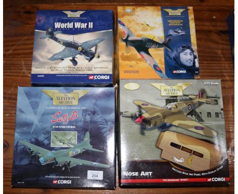 4 Corgi Aviation Archive.1:44/1:72 scale:  B-17G Flying Fortress 'Sally B' (48202). Plus 3x 1:72- 'Nose Art Collection' P40 K