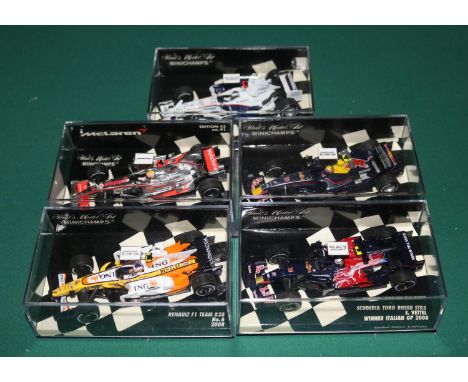 5x Minichamps 1:43 scale Formula One racing cars. BMW Sauber F1.08 N. Heidfeld 2008, RN3. Scuderia Toro Rosso STR3 S. Vettel,