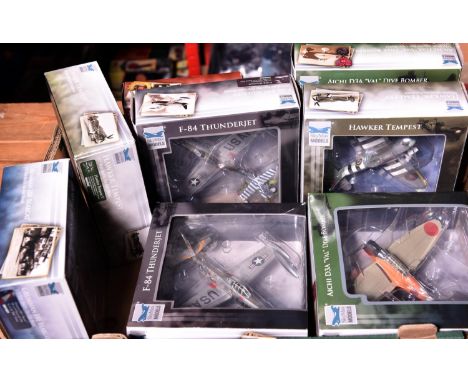 8 SkyMax die-cast 1:72 scale aircraft. 2x Hawker Tempest, variations. 2x Aichi D3A 'Val' dive bomber. Together with a F-84 Th