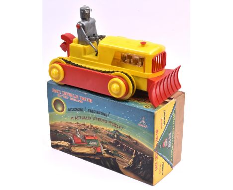 An early 1960's Battery Powered Space Controlled Tractor. Produced by PMC of Hong Kong, made of bright yellow and red plastic