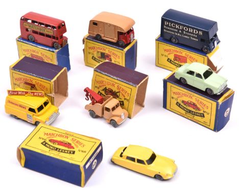 7 Matchbox Series. A London Bus No.5 in red. Bedford Wreck Truck No.13 in tan with red crane with metal wheels. ERF Marshall 