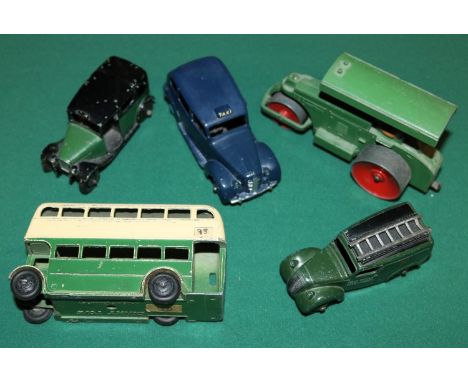 5 Dinky Toys Telephone service van (261) in green and black roof with chrome ladder plus (29C ) double decker bus, an example