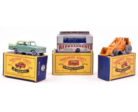 3 Matchbox Series. Hydraulic Excavator No.24. In orange-yellow with metal wheels. Austin Cambridge No.29. In two-tone green w