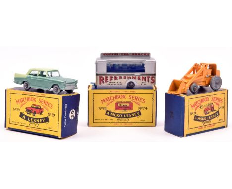 3 Matchbox Series. Hydraulic Excavator No.24. In orange-yellow with metal wheels. Austin Cambridge No.29. In two-tone green w