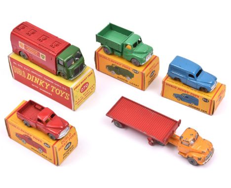 5 Dublo Dinky Toys. AEC Mercury Tanker Shell BP (070). In green &amp; red. Austin Lorry (064). In green. Morris Pick-Up (065)