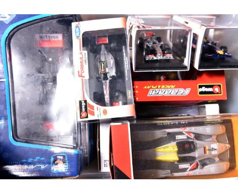 10x diecast racing cars by Bburago, Solido, Motorama, etc. Including 2x 1:18 Solido; McLaren F1 MP4/2B 1985 A. Prost, RN2. Mc