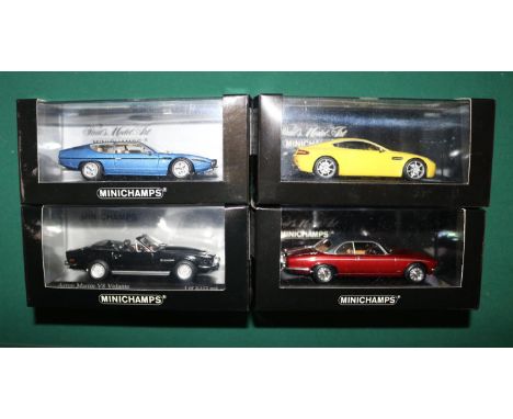 4x Minichamps 1:43 scale cars. Aston Martin V8 Vantage. Aston Martin V8 Volante. Jaguar XJ12 Coupe Series II 1975. Lamborghin