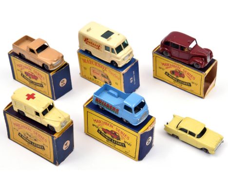 6 Matchbox Series. Morris J2 Pick-Up No.60 in blue with Builders Supply Company to sides. Daimler Ambulance No.14 in cream. C