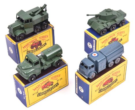 4 Matchbox Series Military Vehicles. Scammell Breakdown Truck No.64. Saladin Armoured Car No.67. An Army Water Truck No.71. A