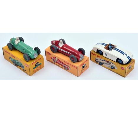 3 Dinky Toys Racing Cars. A boxed H.W.M. (235) in light green with mid green wheels, RN7. A boxed Cunningham C-5R Road Racer 