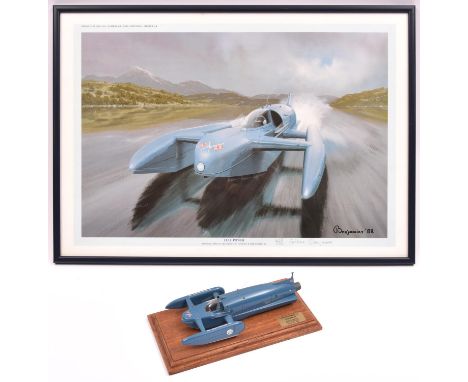 A white metal model of the 1964 Donald Campbell's Bluebird K7 world water speed record boat (possibly 1:43 scale) by F.C. Har