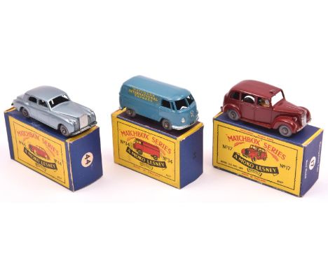 3 Matchbox Series. Metropolitan Taxi (Austin FX3) No.17. In maroon with mid grey interior and grey plastic wheels. Volkswagen