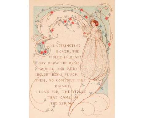 D Fitchew, pair of Art Nouveau style watercolours depicting ladies and foliate scrolls with poems, signed and dated 1911, 23c