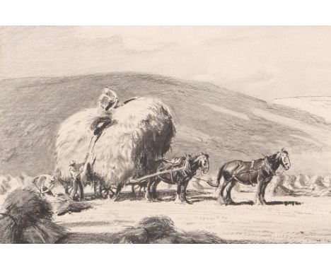 George Soper 1870-1942, "Stacking Straw" grey wash, 20cm x 29cm, label verso "Wildlife Art Gallery, Lavenham" NB. page 52 Sop