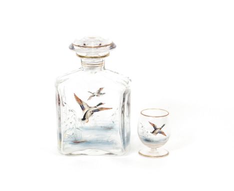 A glass decanter and five glasses, decorated with game bird scenes
