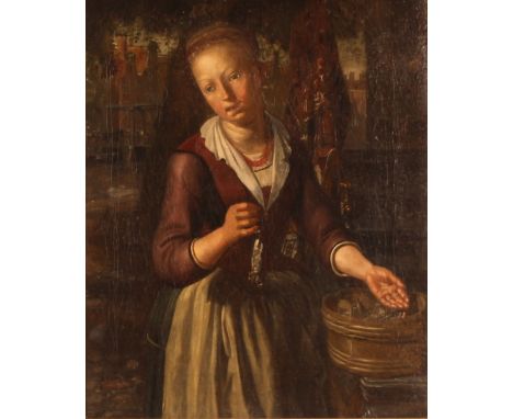 Attributed to Mathias Naiveu (Leigden 1647, circa. 1721) portrait of a Dutch woman with hand in a water font, Amsterdam to th