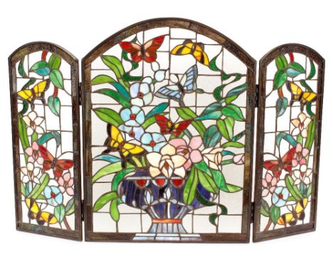 A stained glass Art Nouveau design folding fire screen, 71cm high