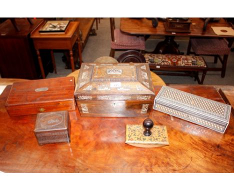 A Victorian rosewood and mother of pearl inlaid sewing box - in need of attention; and an Indian sandalwood and bone inlaid o