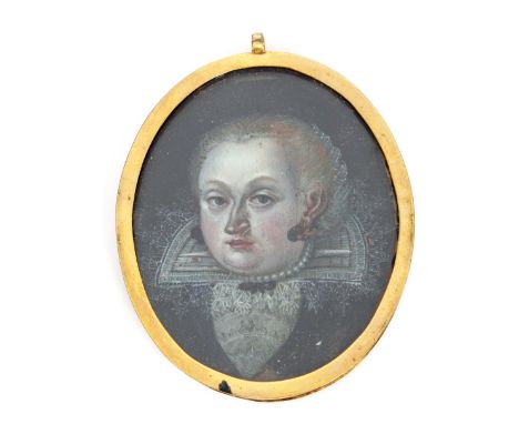 18th Century school, miniature portrait study, of a lady wearing lace collar and pearls, contained in a brass enclosed pendan